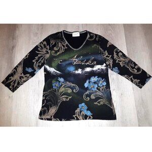 Cactus Bay Apparel Alaska Rhinestone Bling Black Floral Print Shirt Size Medium